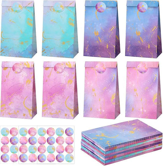 woric 36PCS Tie Dye Party Favor Bags with Stickers, Gradient Pink and Purple Small Gift Bags Self Stand Gold Foil Goodie Bag for Kids, Girls Birthday, Baby Shower, Wedding Party Favor Supplies