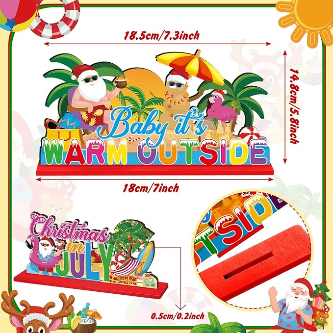 Suzile 6 Pcs Christmas in July Table Decoration July Summer Table Centerpieces Signs Santa Flamingo Palm Tree Theme Beach Party Decorations Home Table Desktop Favors Supplies (Christmas in July)
