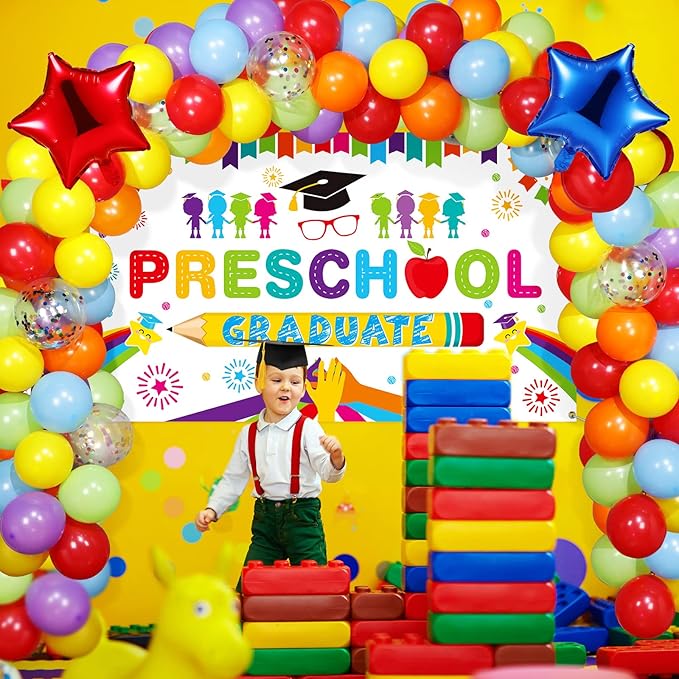 Oudain Kindergarten 2026 Graduation Party Decorations Kit Includes Preschool Graduation Backdrop and Balloon Garland for 2026 Pre Elementary Celebration Decoration Party Supplies(White)