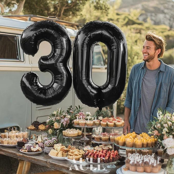 AULE 40 Inch Jumbo Black Foil Mylar Number Balloons for Men Women 30th Birthday Party Decorations 30 Years Old Anniversary Party Supplies