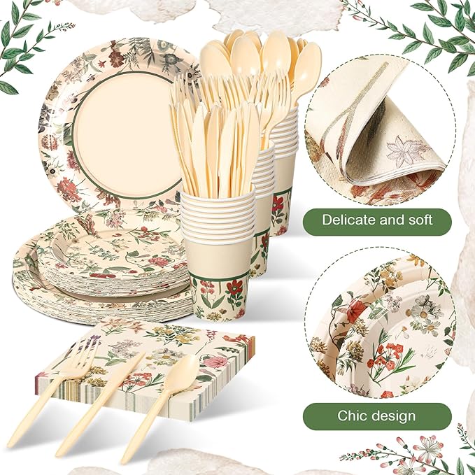 Roshtia Floral Party Supplies Set for 50 Guests - Watercolor Flowers Paper Plates & Napkins, Disposable Dinnerware for Women & Girls Birthday, Vintage Tea Party & Baby Shower Tableware