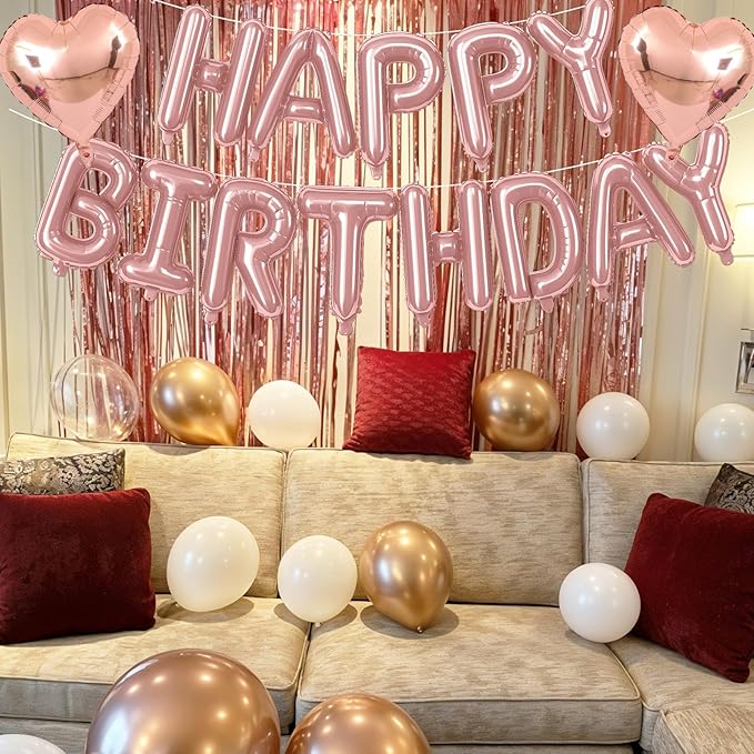 Happy Birthday Balloon Banner Rose Gold, 16 Inch Mylar Letters Rose Gold Heart Foil Balloons Dusty Blush Pink Nude Metallic Ivory Balloons Boho Neutral Birthday Decorations for Girls Women