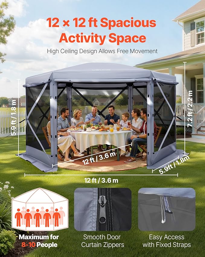 VEVOR Pop up Gazebo Screen Tent, 12 x 12 ft Large 6-Sided Camping Canopy Tent with Removable Top & Carry Bag, Quick-Set & Bite-Proof, Screen House Sun Shelter for 8-10 Persons Backyard Patio, Grey