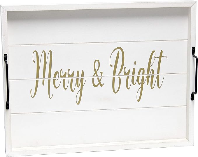 Elegant Designs HG2000-WMB Christmas Decoration 15.50" x 12", Decorative Wood Serving Tray w/Handles, White Wash Merry & Bright