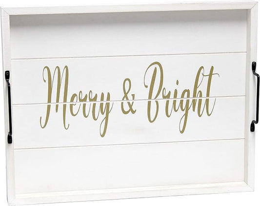 Elegant Designs HG2000-WMB Christmas Decoration 15.50" x 12", Decorative Wood Serving Tray w/Handles, White Wash Merry & Bright