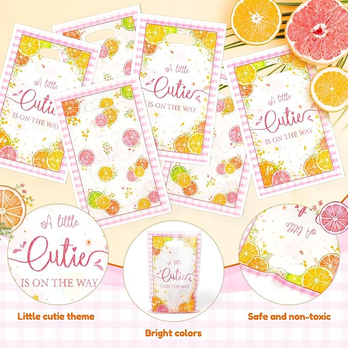 ANGOLIO Summer Grapefruit Gift Bags - 50Pcs A Little Cutie is on the Way Themed Fruit Cuties Party Favor Bags for Baby Shower Birthday Gender Reveal, Summer Lemons Oranges Candy Goodie Treat Handbags
