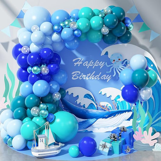 Blue Balloon Garland Arch Kit, 112 Pcs Pastel Baby Light Blue Royal Blue Slate Teal Blue Turquoise Metallic Green Under the Sea Balloon Arch Kit for Boys Ocean Birthday Baby Shower Party Decorations