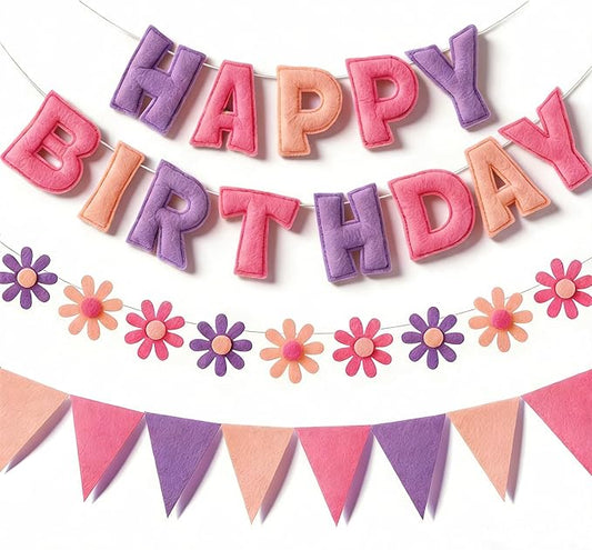 YEOCU Felt Birthday Decorations, NO DIY, Pre-Strung 3D Felt Happy Birthday Banner with Fabric Flower Garland, Colorful Triangle Flags, Birthday Party Decorations for Women Men Boys Girls (Purple)