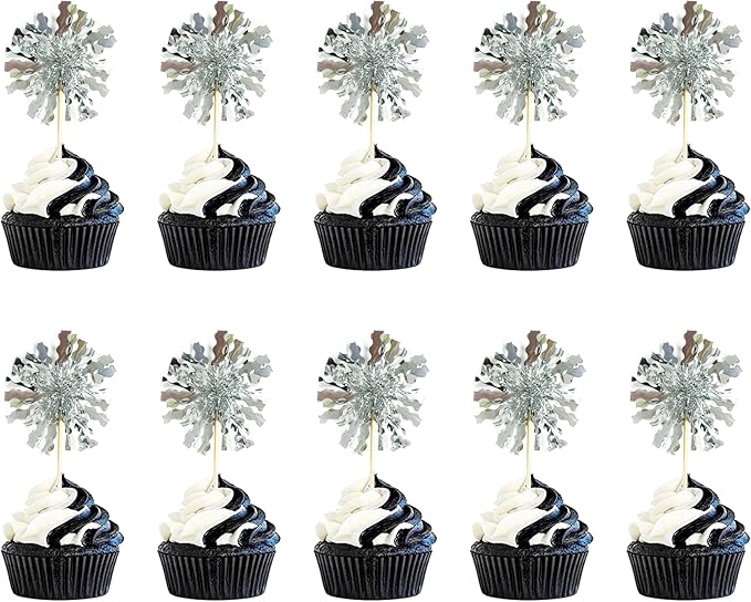 10PCS Sliver Foil Firework Cupcake Toppers, Takemay Happy Birthday Cake Toppers, Sparkle Tinsel Flower Drink Stirrers Cocktail Food Fruit Toothpicks for Party Birthday Wedding Ceremony