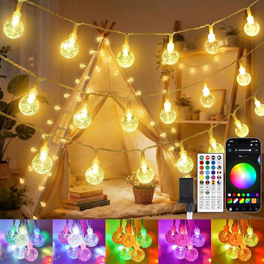 OMIKA 50FT 100LED Outdoor String Lights Plug in, APP & Remote Control Smart Crystal Globe Lights, Dimmable RGB & Warm White Patio Lights with Timer, Music Sync for Christmas Garden Party