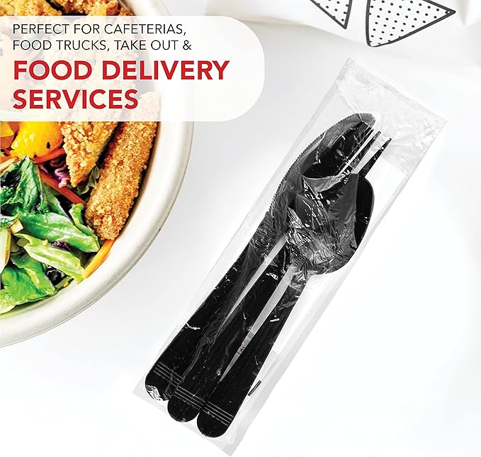 Party Essentials Individually Wrapped Plastic Cutlery Packets/Heavy Duty Silverware Kits, Fork/Spoon/Knife/Napkin/Salt/Pepper, 50 Utensils Sets, Black