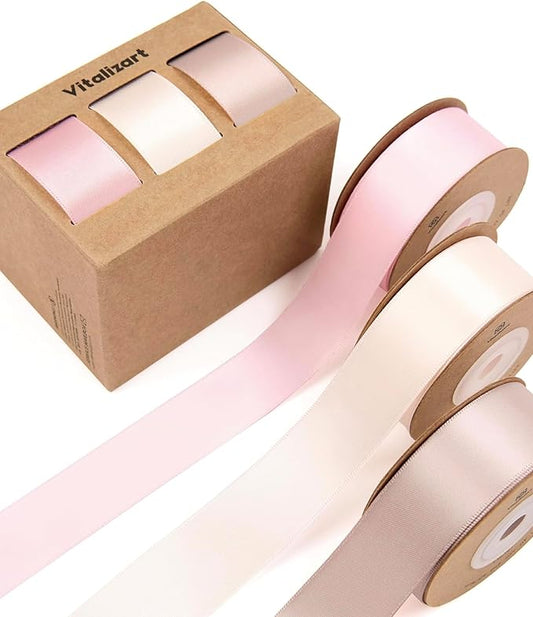 Vitalizart Ribbon for Gift Wrapping 1" x 30Yd Doubel Face Continuous Functional Satin Ribbon for Crafts Silk Like Fabric Flower Bouquet Birthday Party Bridal Shower Wreath Hair Pink White Nude