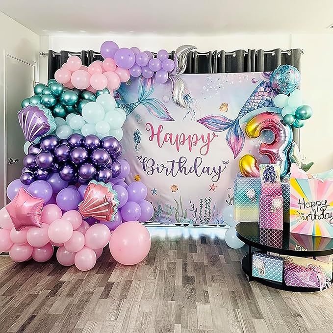 Mocsicka Mermaid Birthday Backdrop Under The Sea Birthday Party Decoration for Girl Blue Purple Mermaid Tails Photography Background (10x7ft(120x82 inch))