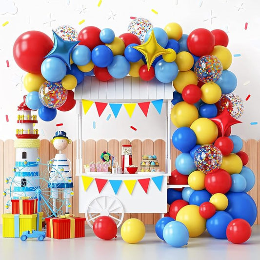 RUBFAC Carnival Circus Theme Party Decorations, Primary Color Balloon Arch Kit, 120pcs Red Blue Yellow Party Balloons Rainbow Confetti and Star Foil Balloons for Birthday Carnival Theme Decorations