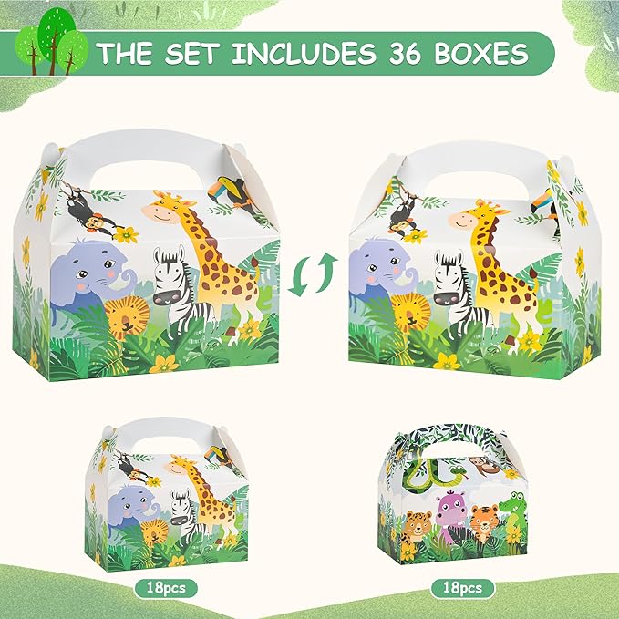 DjinnGlory 36 Pack Safari Woodland Animals Treat Boxes Gable Boxes Party Favor Gift Boxes for Baby Shower, Birthday Parties, Small Business 6.18 x 3.58 x 3.38 Inches