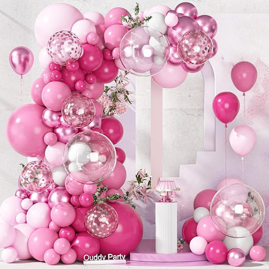 Ouddy Party 149Pcs Hot Pink White Balloon Garland Kit Different Sizes 18 12 10 5Inch, 6Pcs 18” Clear Metallic Rose Gold Confetti Balloons for Princess Baby Shower Wedding Birthday Party Decorations