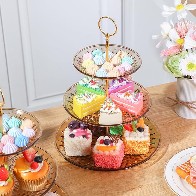 Patelai 8 Packs 3 Tier Crystal Acrylic Clear Cake Stand with Gold Round Holder Acrylic Cupcake Stand Holder for Home Wedding Holiday Birthday Baby Shower Tea Party (Clear Amber)