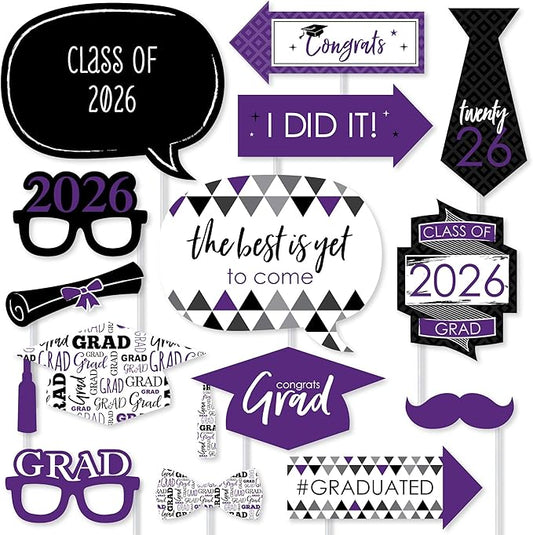 Big Dot of Happiness Graduation Props for Photoshoot 2026, 20-Count Set of High School Senior Photo Booth Props for Pictures and Graduation Party Decorations - Purple