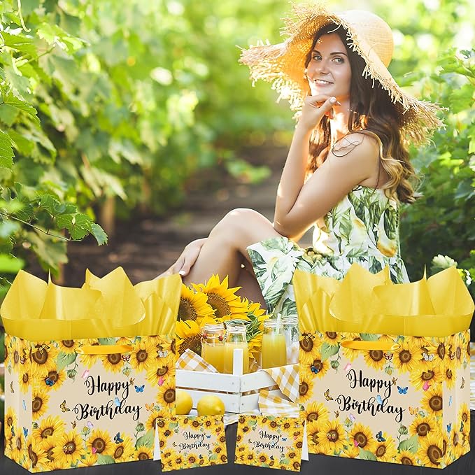 Sunflower Birthday Gift Bag for Girls Women Yellow Sunflower Paper Bag with Tissue Paper and Card Sun flower Birthday Wrapping Paper Bag for Bday Christmas Wedding Baby Bridal Shower Decorations