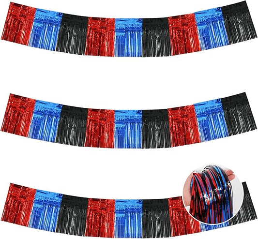 BEISHIDA 3 Packs Metallic Foil Fringe Garland Red Blue Black Wall Hanging Tinsel Fringe Banners for Car Floats Bridal Shower Wedding Birthday Graduation Holiday Party Decoration(30 Feet)