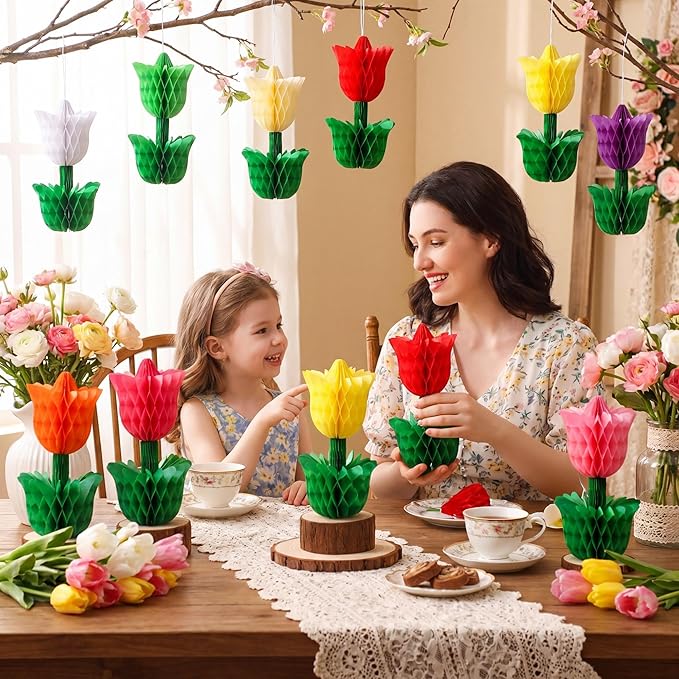 Colingmill 10 Pcs Spring Flower Honeycomb Centerpieces Tulip Mother's Day Decoration Spring Flower Party Supplies Tulip Floral Tabletop for Home Office Garden Wedding Tiered Tray Party Decor