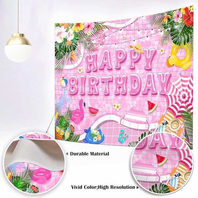 Mocsicka Pool Happy Birthday Backdrop Summer Swimming Pool Birthday Party Decorations Banner Hawaiian Beach Pink Party Supplies Photo Booth Props (Pink, 6x4ft(72"x48"))