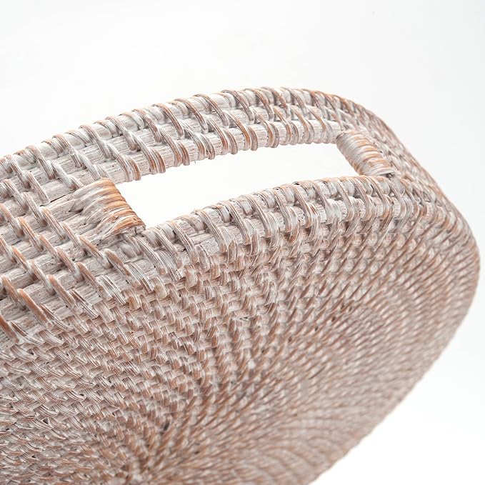 Coffee Table Tray Round Rattan Ottoman Tray Woven Serving Trays with Handles for Home and Kitchen Decorative Whitewash (Large 16.9 inch)