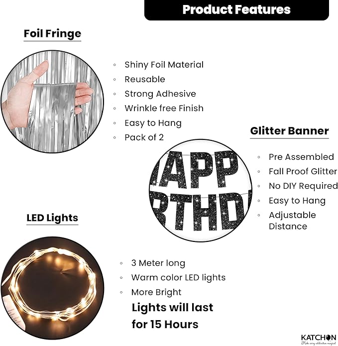 KatchOn, Black and Silver Birthday Decorations Set - Pack of 5 | Glitter Happy Birthday Banner, Silver Backdrop, Led Light, Cake Topper | Happy Birthday Decorations for Men, Women, Girls and Boys