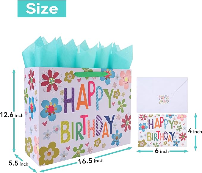 Qirrmiy 16.5” Extra Large Colorful Happy Birthday Gift Bag Set with Handles, Greeting Card, Tissue Papers and Stickers for Kids, Women, Girls, Newborn, New Moms or Parents, 1 Pcs