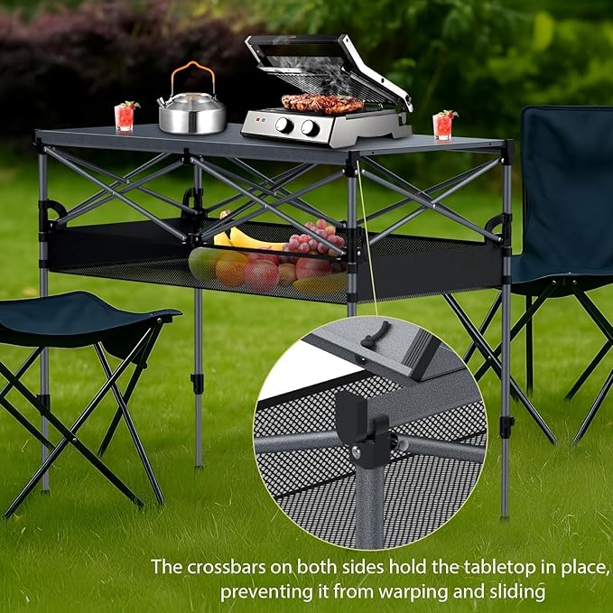 Anbte 34.2” Tall Camping Table Foldable, 2 Adjustable Height Large Roll Up Camping Table Support 264lbs with Storage Basket and Bag, Waterproof, for Travel BBQ Outdoor Patio, 39.4” x 19.7”, Black