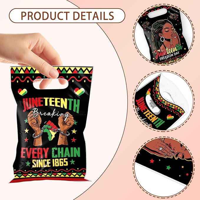 MOIZYNG 50Pcs Juneteenth Gift Bags with Handles, Black Juneteenth Freedom Day Plastic Candy Treat Goodie Bags for African American Independence Day Party Favors Supplies