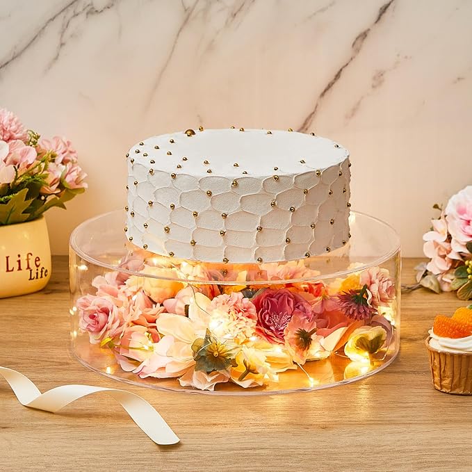 Sunnyray 2 Pcs Acrylic Cake Stands for Dessert Table Clear Fillable Cake Riser Cupcake Tier with LED Strings for Birthday Wedding Holiday Party Display(14'', 16'')