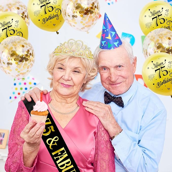 75th Birthday Tiara and Sash Kit - '75 & FABULOUS' Black Sash and Gold Rhinestone Crown for Women's 75th Birthday Party Supplies