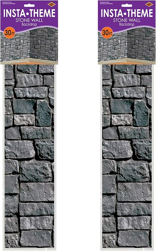 Beistle Brick Stone Wall Backdrops, 4’ x 30’, 2 Pack – Medieval Party Decorations, Medieval Decor Background, Photo Backdrop, Easy to Adhere Wall Covering, Stone Backdrop, Halloween Party Decorations