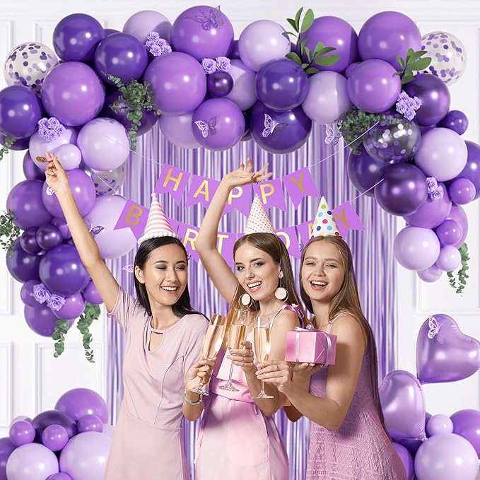 Purple Birthday Decorations for Women with Metallic Dark Pastel Purple Confetti Foil Balloons Fringe Curtain Banner for Women Birthday Decorations