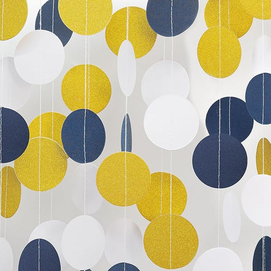 Navy-Blue White Gold Birthday-Party-Decorations - 52Ft Paper Garland Circle Dots Streamer Graduation Banner Christmas Decoration Baby Shower Bridal Engagement Bachelorette Hanging Decor HongTongTong