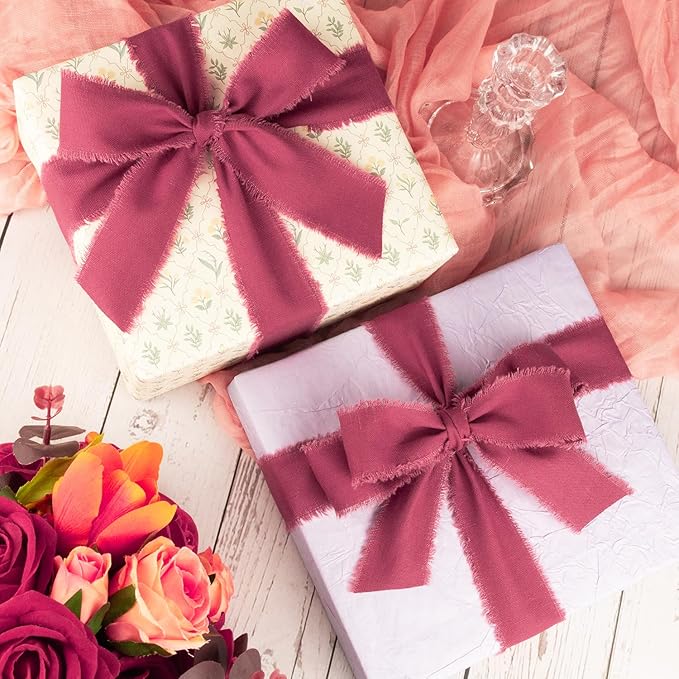 Burgundy Cotton Ribbon 1-1/2 Inch Burgundy 3 Rolls 21 Yards Frayed Edge Fabric Set for Wedding Decor, Bridal Bouquet Wrap, Anniversary Celebration, Gift Wrapping & Christmas Decor