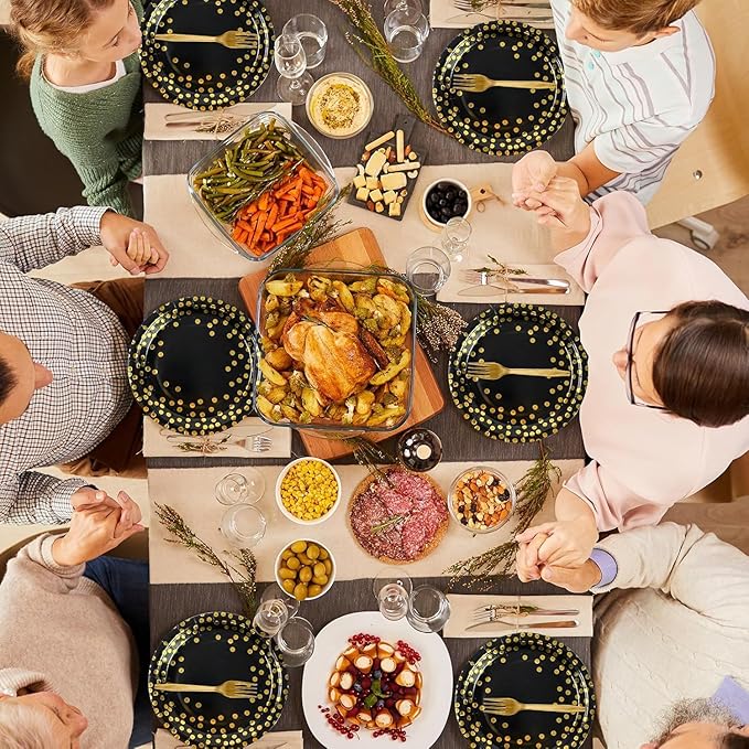 ï»?5PCS Black and Gold Paper Plates and Napkins Party Supplies, Disposable Black Gold Dessert Plates Black Napkins Tableware Dinnerware Set for Birthday Graduation Retirement Weddings Party Decorations