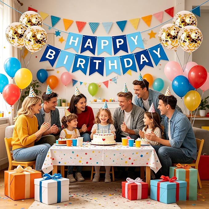 Happy Birthday Banner Sign Bunting Hanging Decorations with Shiny Gold Balloons Birthday Party Sign Decor for Party Supplies(Blue+White)