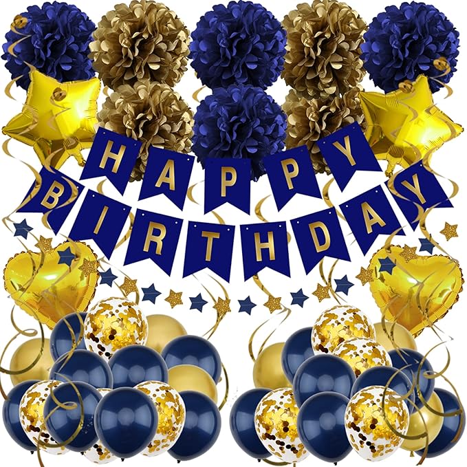 ZERODECO Birthday Decorations - Navy Blue Gold Party Decorations with Banner, Pompoms, Balloons for Boys, Girls, Men, Women