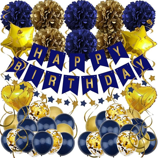 ZERODECO Birthday Decorations - Navy Blue Gold Party Decorations with Banner, Pompoms, Balloons for Boys, Girls, Men, Women