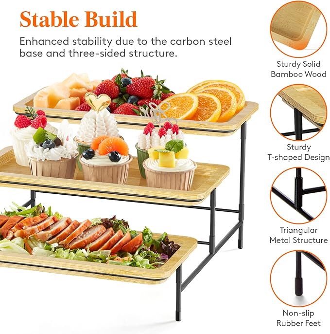 Lifewit 3 Tier Bamboo Serving Tray for Party Supplies, 30 x 17 cm/12" x 6.5" Platters for Serving Food, Reusable Trays with Black Metal Display Stand for Veggie, Fruit, Cookies, Dessert