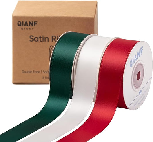QIANF Red/Dark Green/White Double Face Satin Ribbon 1 Inch x 45 Yards Fabric Ribbon for Gift Wrapping, Flower Bouquets, Hair Bows Making, Wedding Decoration, Christmas (3 Rolls *15Yd)
