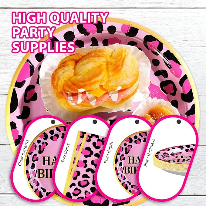 Grencian 96 Pcs Pink Leopard Birthday Party Supplies Cheetah Print Decorations Leopard Print Paper Plates Disposable Animal Jungle Safari Tableware Set for Girls Wild Birthday Cheetah Themed Party