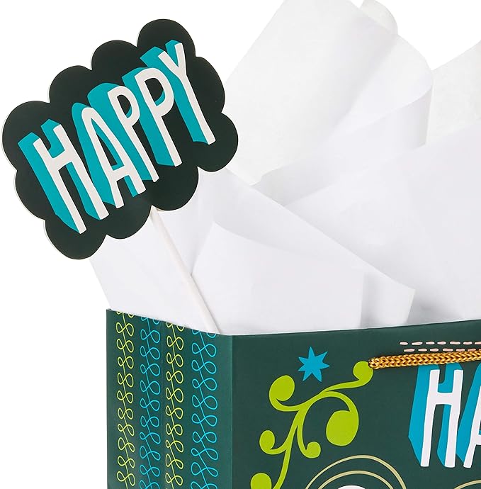 Hallmark 9" Medium Birthday Gift Bag with Tissue Paper and Mini Signs (Happy Happy Birthday, Green, Grey, Blue Hand lettering)