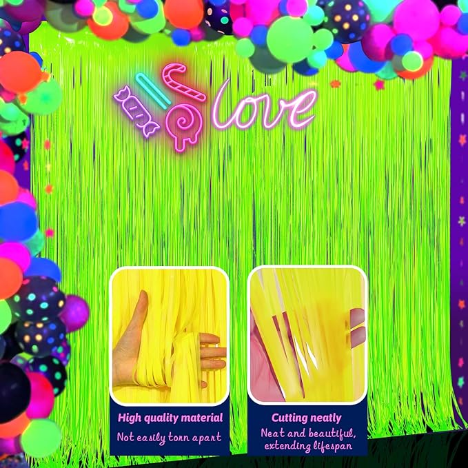 Glow in The Dark Party Supplies 2 Pack Neon Party Decorations Fluorescent Tinsel Foil Fringe Curtains Photo Booth Prop Backdrop Streamer Blacklight Decorations (Neon Yellow)
