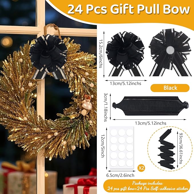 24pcs Black Pull Bow for Gift Basket Wrapping Xmas Gift Bows Presents Adhesive Wrap Ribbon Bow for Christmas Tree Ornament Wine Bottles Bouquet Flower Valentine's Day Party Decor (Black-G)