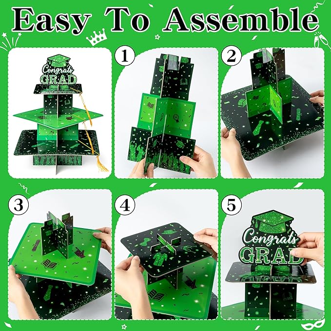 Haooryx Graduation Cupcake Stand Decoration - 3-Tier Black Green Graduate Cap Cupcake Tower with Tassel Cardboard Dessert Holder Kindergarten Primary High School College Graduation Party Table Decor