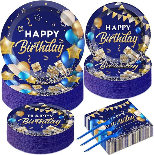 gisgfim 50 Guests Blue and Gold Birthday Plates and Napkins Party Supplies Navy Blue Party Tableware Set Blue Birthday Decorations Favors for Men Women Baby Shower 200 PCS