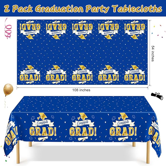 2Pack 2026 Graduation Decorations, 108" X 54" Graduation Tablecloth, Bluegold Disposable Table Cloths for Grad Party Favors Supplies, Rectangle Plastic Tablecover for Class 2026 Congrats Grad for Kids